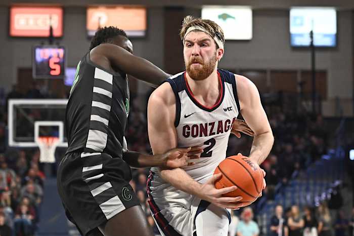 Mar 1, 2023; Spokane, Washington, USA; Gonzaga Bulldogs forward Drew Timme (2) runs the lane against Chicago State Cougars forward Tehshaundre Cole (23) in the second half at McCarthey Athletic Center. Gonzaga won 104-65
